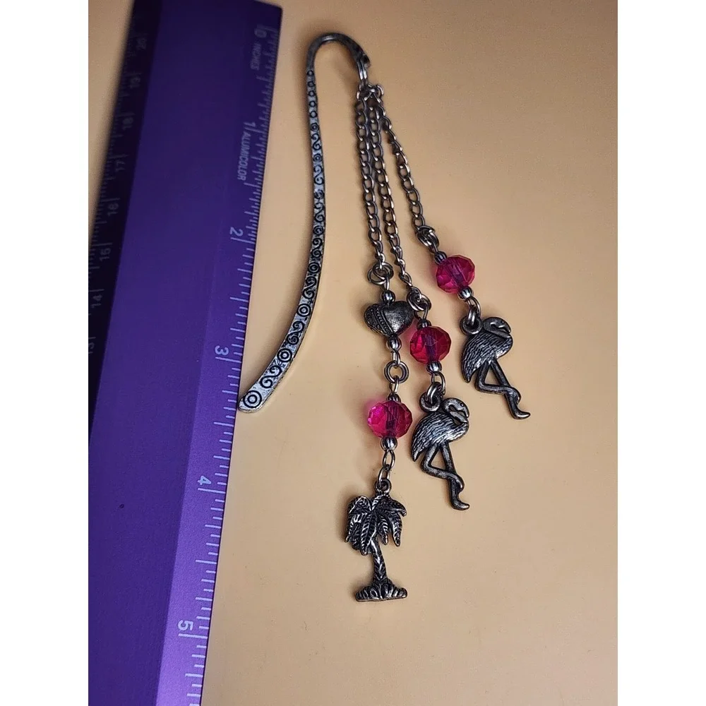 Flamingo & Palm‎ Tree Hot Pink Crystal Charm Bookmark Silver Plated FREE $HIP!!!